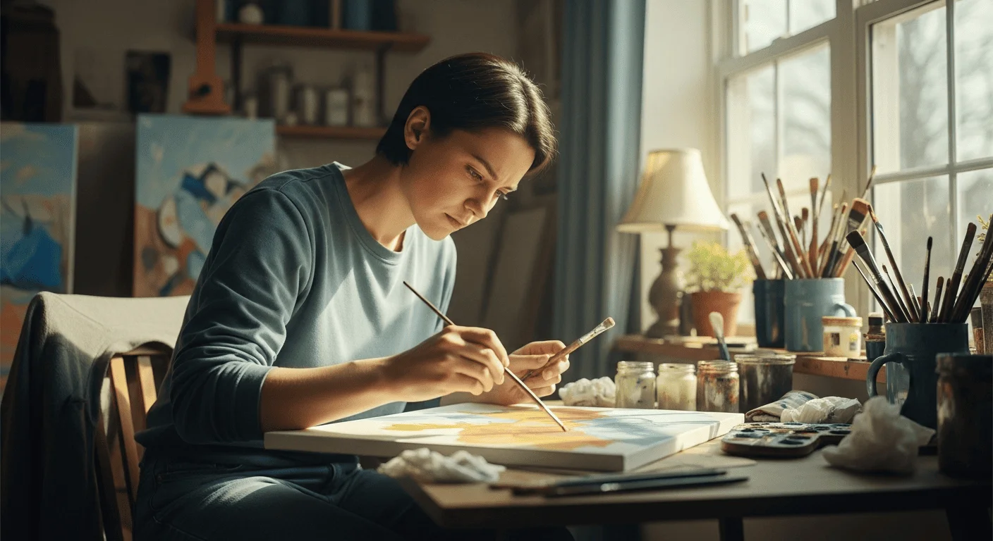 Osoba maluje obraz w domowej pracowni przy świetle dziennym.