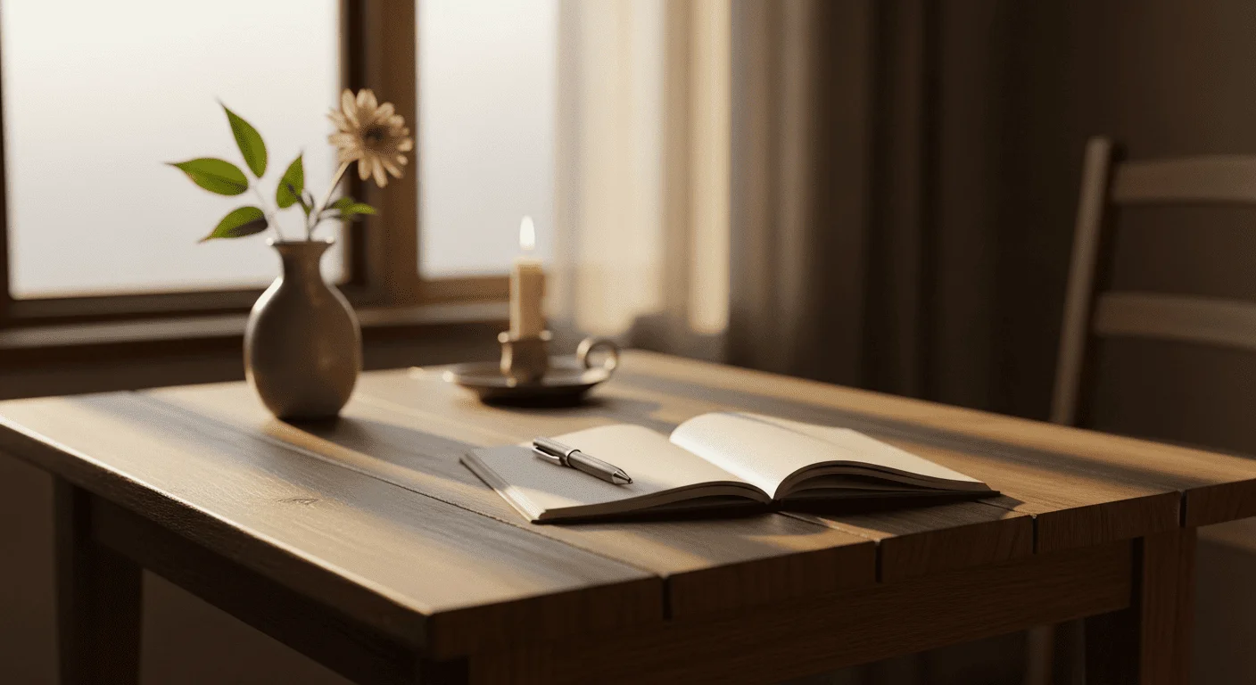 Otwarty notes i długopis na drewnianym stole obok świecy i wazonu z kwiatem.