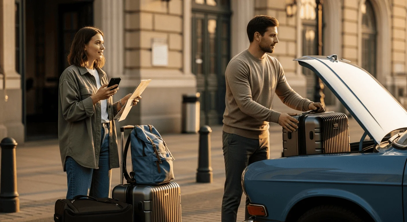 Para pakuje walizki do samochodu przed wyjazdem w miejskim otoczeniu.