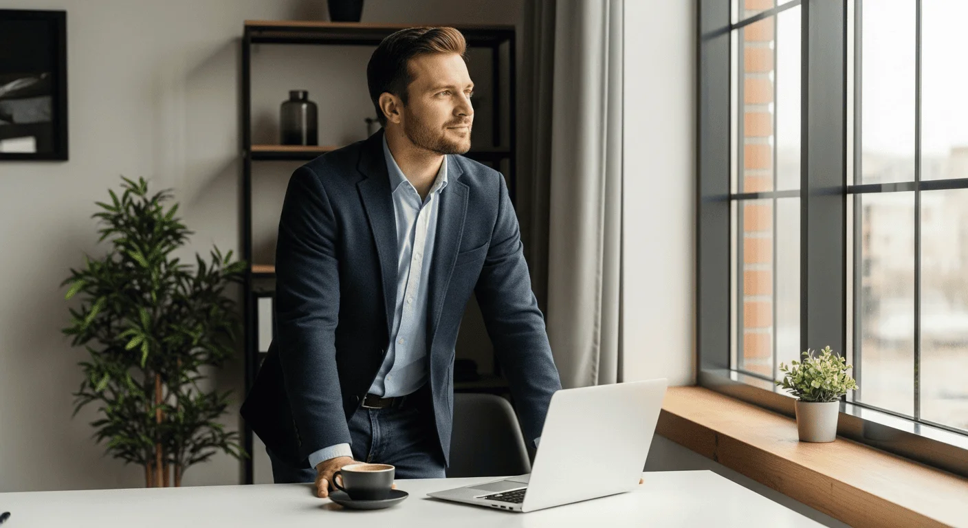Mężczyzna w garniturze stoi przy biurku z laptopem, patrząc przez okno z kubkiem w dłoni.