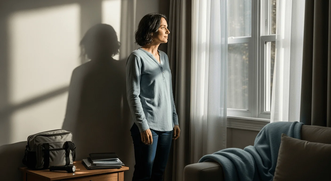 Kobieta stoi przy oknie w cieniu, patrząc na zewnątrz w przytłumionym świetle.