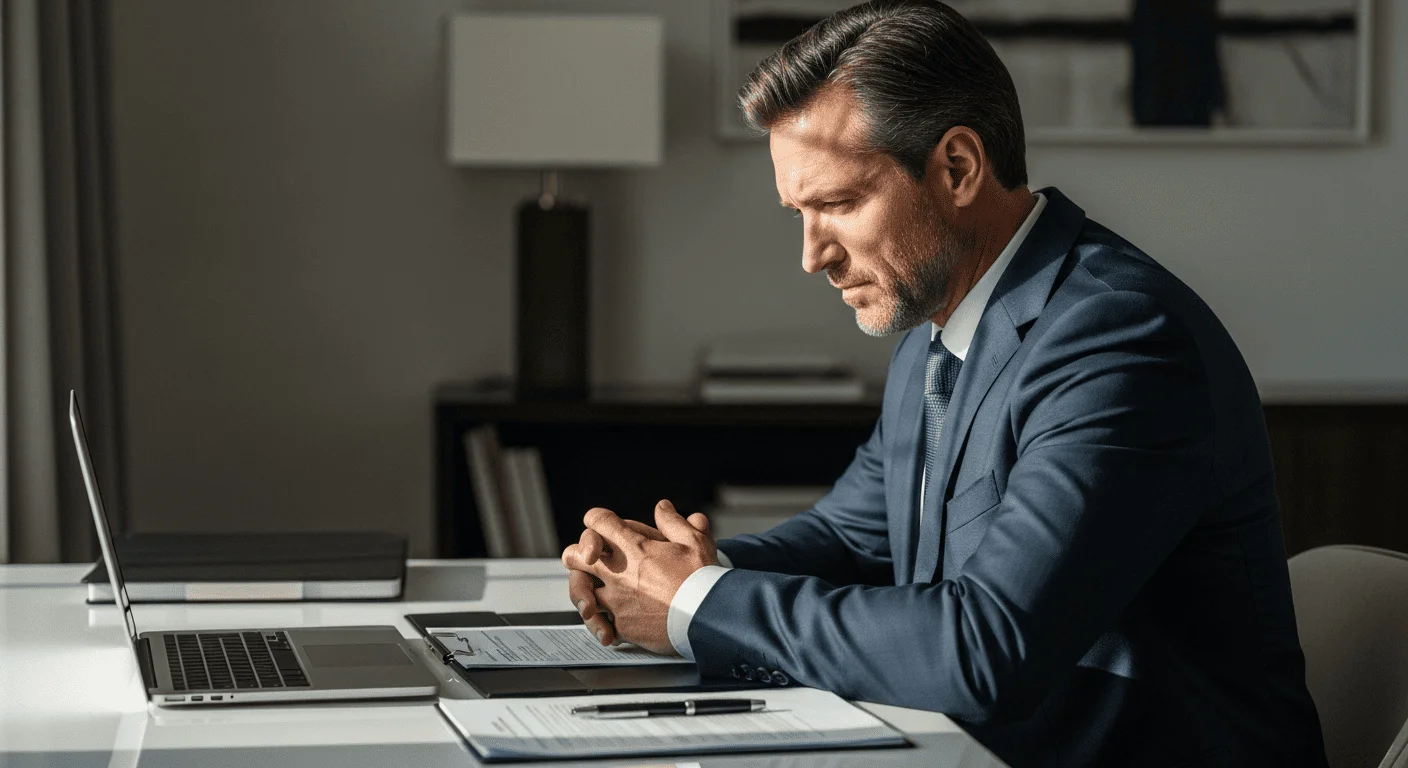 Mężczyzna w garniturze siedzi przy biurku z laptopem i dokumentami.