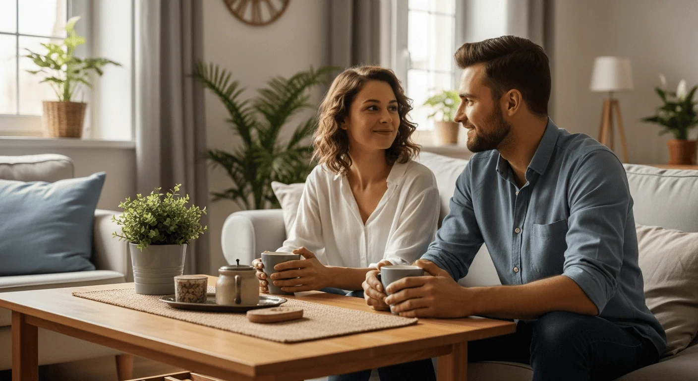 Para siedzi razem na kanapie w salonie, rozmawiając przy kawie.